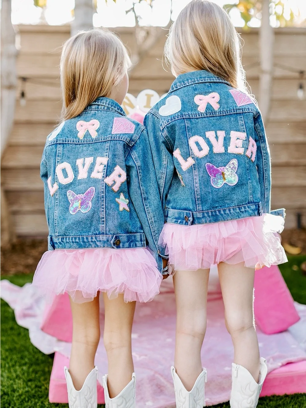 Girls Blue Denim Jacket with Pink 'LOVER' Patches